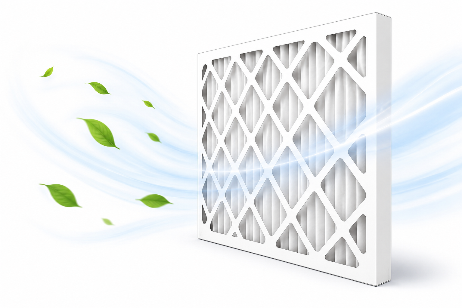 Pleated HVAC air filter with airflow and floating leaves